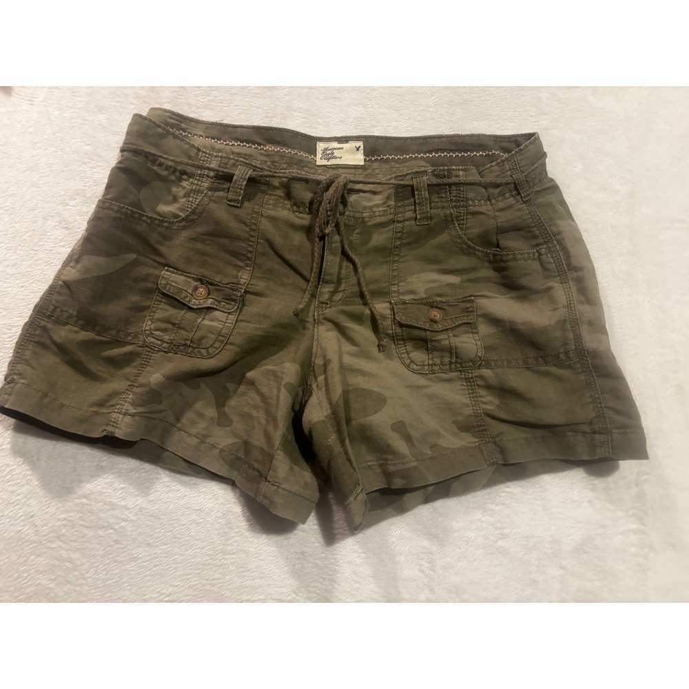 American Eagle Camo Cargo Shorts Womens 12 Green Linen Blend Utility Drawstring